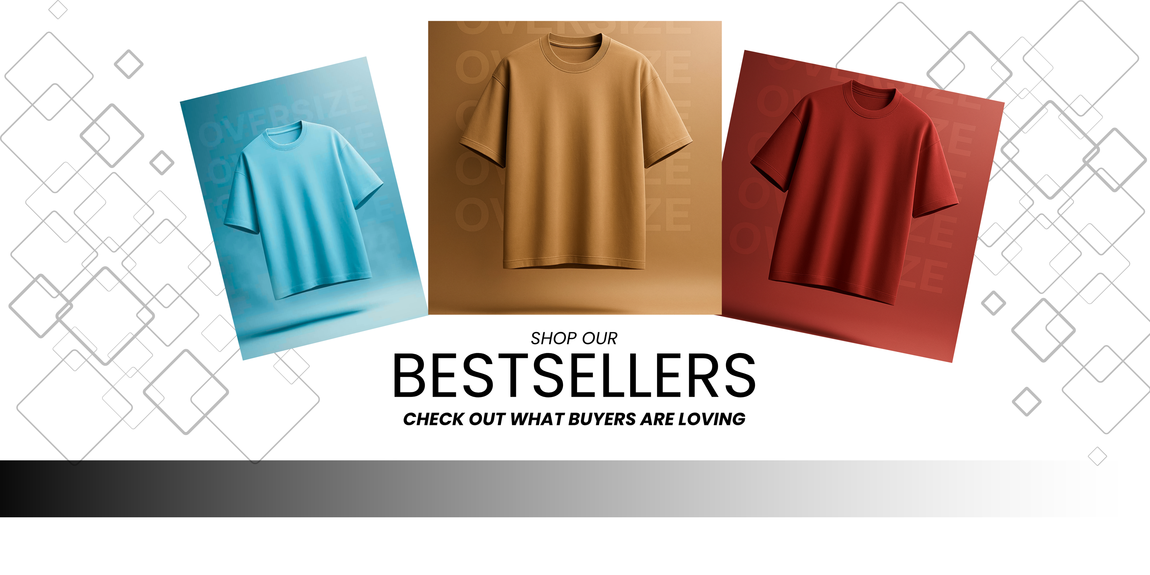 Three t-shirts in blue, brown, and red on a geometric patterned background with text promoting bestsellers.