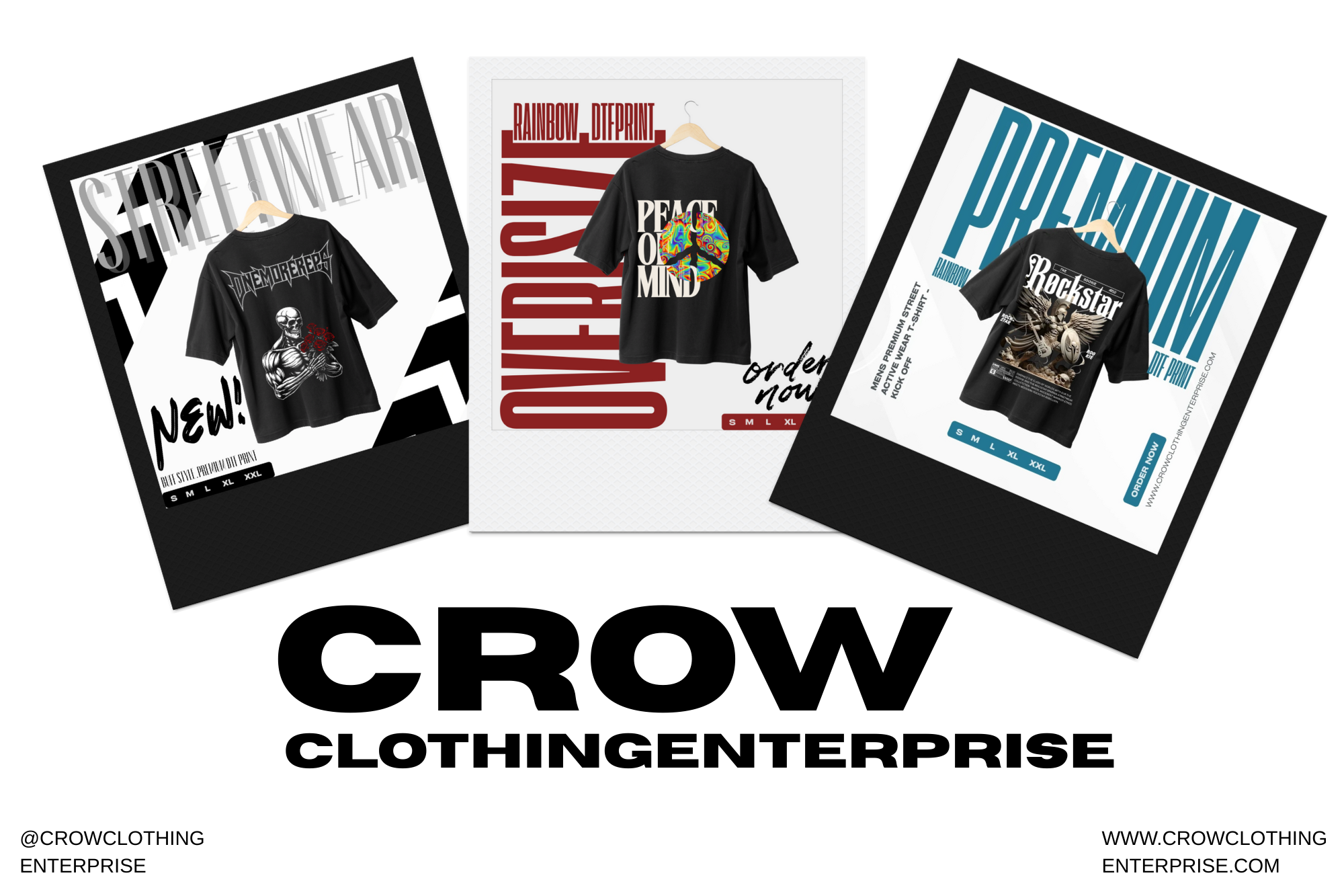 Promotional materials for Crow Clothing Enterprise featuring t-shirts and a magazine-style layout.