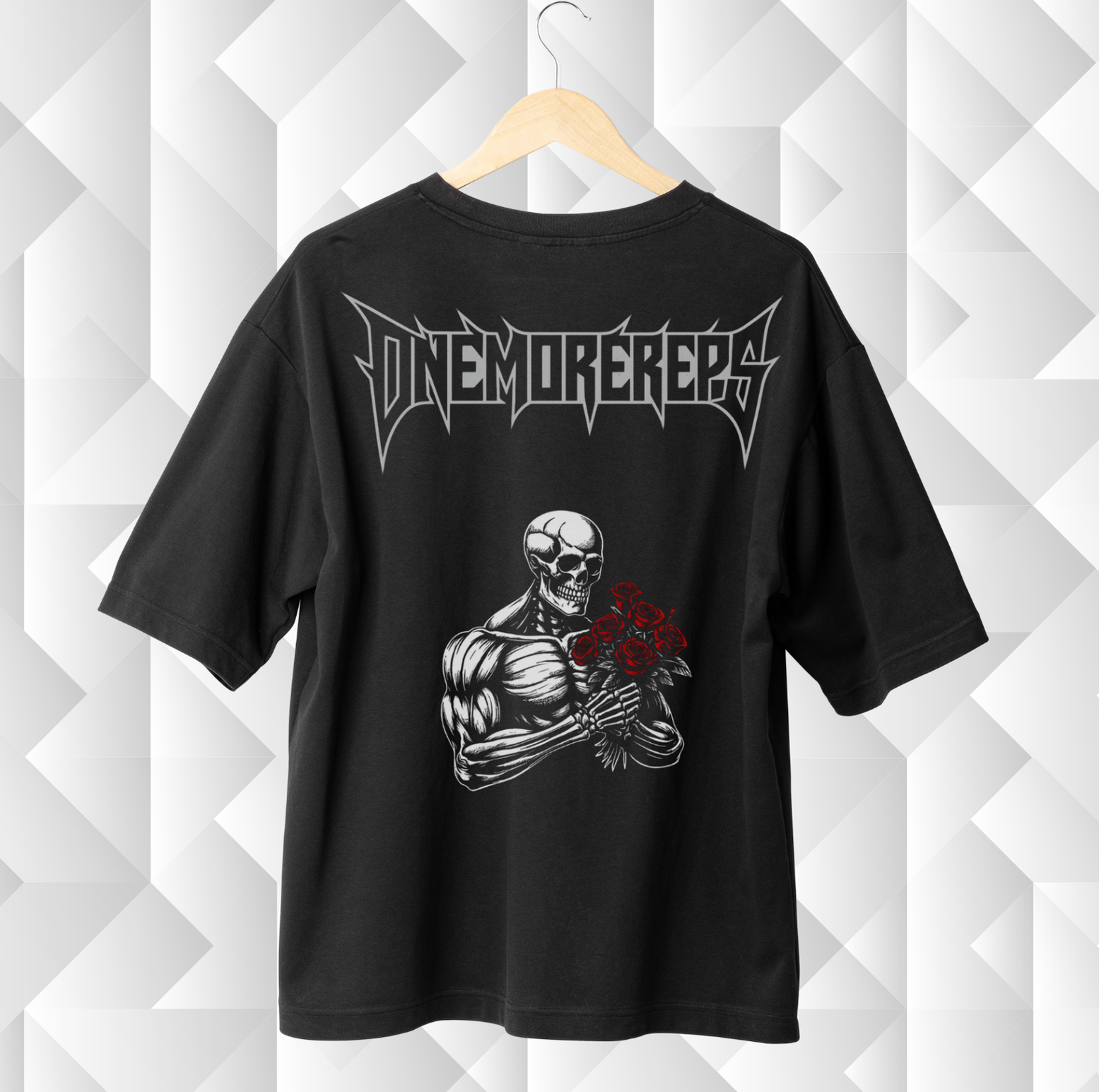 Black t-shirt with skeleton design and 'Dinomorereps' logo on a white geometric background