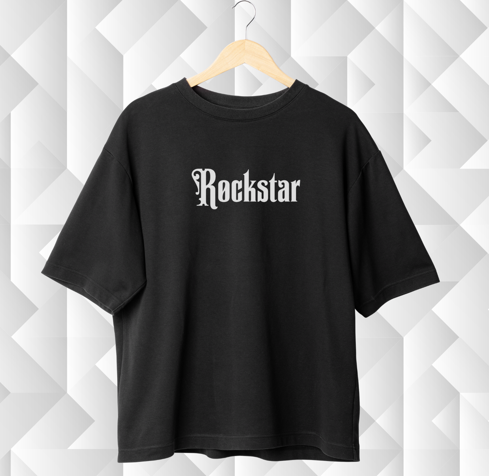 Black t-shirt with 'Rockstar' text on a geometric patterned background