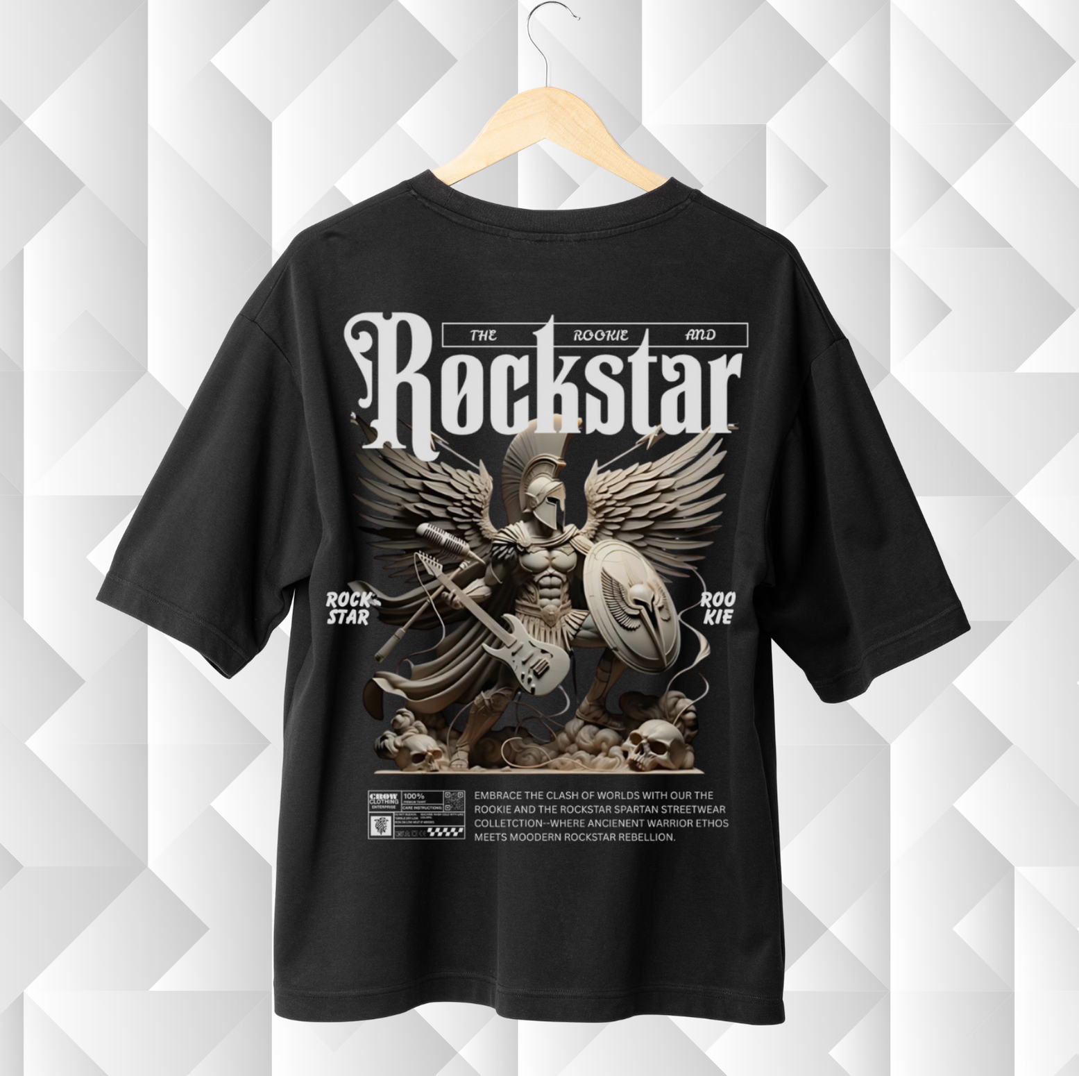 Black t-shirt with 'Rockstar' graphic design on a white geometric background