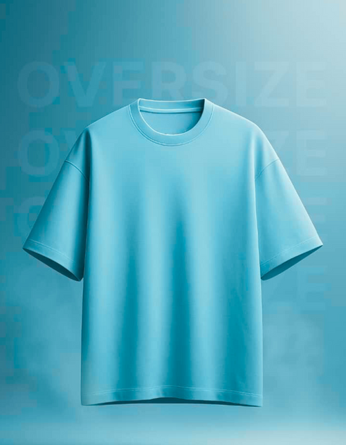 light Blue t-shirt on a blue background with 'OVERSIZED' text.