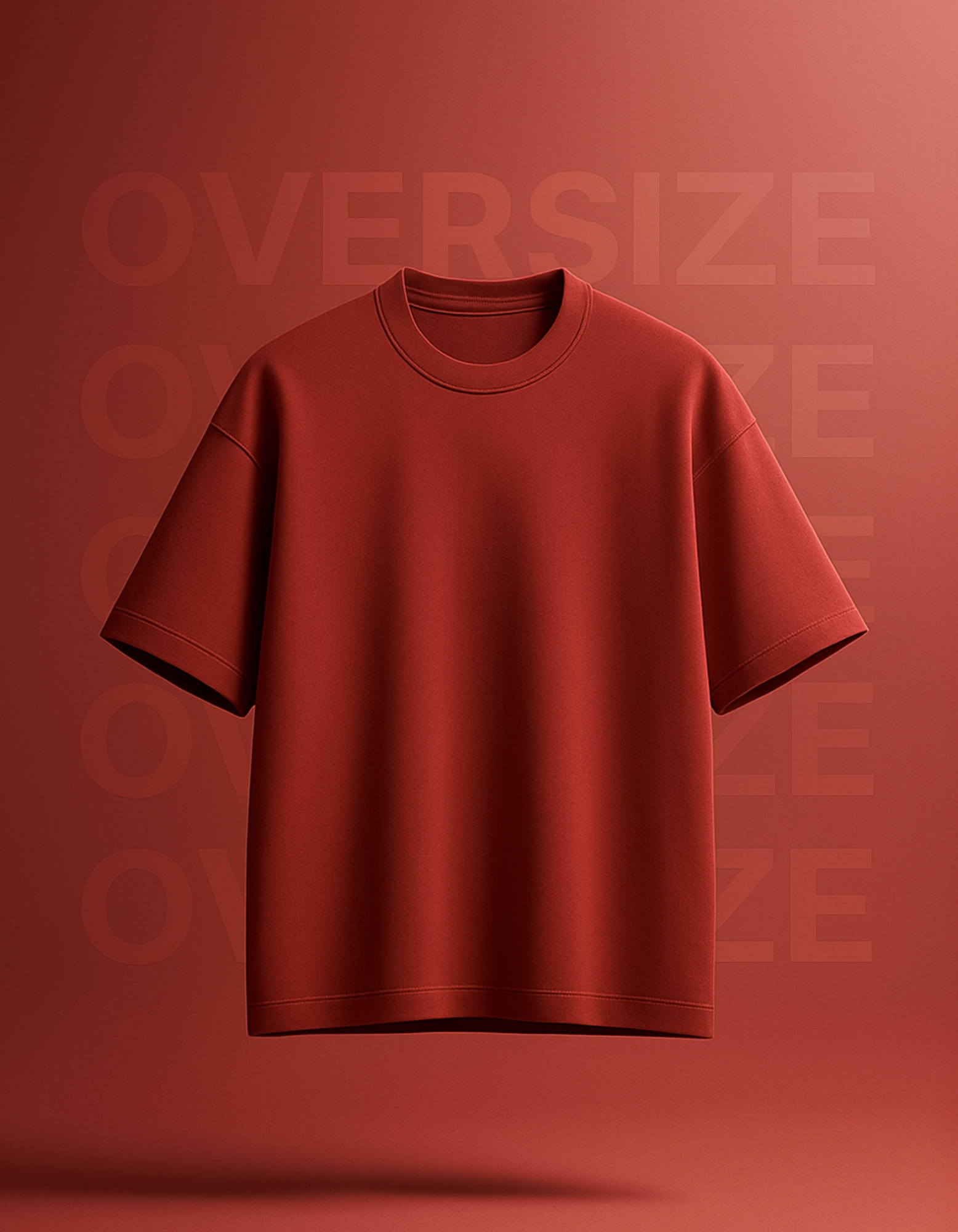 Red oversized t-shirt on a red background with 'OVERSIZE' text.